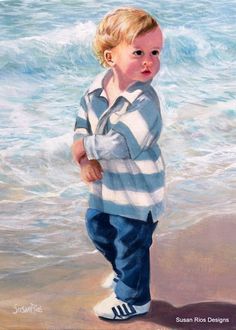 a painting of a little boy standing on the beach