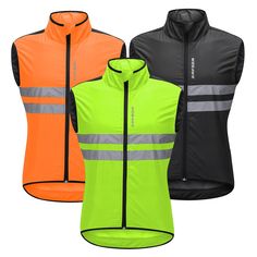 three different color vests, one black and one neon green with reflective stripes on both sides