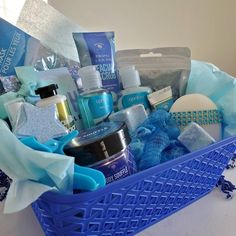 a blue basket filled with personal care items