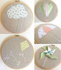 four pictures of different designs on the hoop