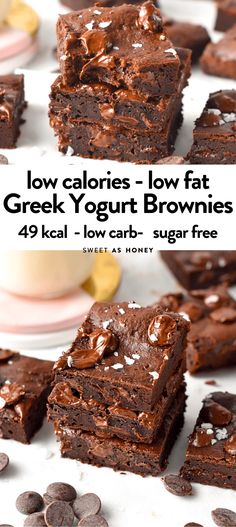 These healthy Greek Yogurt Brownies are the most surprising low calories brownies you will ever try. They are fudgy, chewy brownies packed with high-protein Greek yogurt and only 49 kcal per serving. Yogurt Brownies, Greek Yogurt Brownies, Low Calorie Brownies, Low Calorie Baking, Low Cal Dessert, Healthy Greek Yogurt, Chewy Brownies, Greek Yogurt Recipes