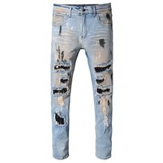 Blue Ripped Crystal Patchwork Jeans - Taelor Boutique Stylish Jeans For Men, Denim Diy Clothes, Ripped Jeans Casual, Men Jeans Pants, Torn Jeans, Cheap Jeans, Stylish Jeans, Denim Diy, Patchwork Jeans