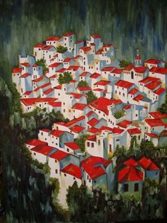 a painting of a village with red roofs