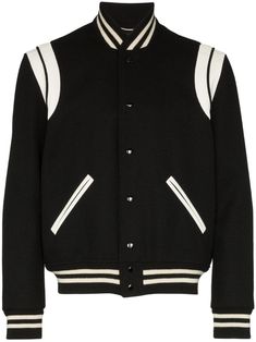 Saint Laurent contrast trim bomber jacket - Black Designer Varsity Jacket With Ribbed Cuffs For College, Designer College Varsity Jacket With Ribbed Cuffs, Designer White Outerwear With Ribbed Cuffs, Designer Varsity Jacket With Ribbed Cuffs And Baseball Collar, Designer Varsity Jacket With Baseball Collar And Ribbed Cuffs, Designer Black Varsity Jacket For Streetwear, Black Luxury Outerwear With Ribbed Collar, Luxury Black Outerwear With Ribbed Collar, Luxury Outerwear With Baseball Collar For Streetwear