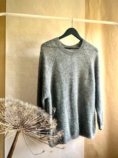 a gray sweater hanging on a clothes rack next to a dried dandelion plant