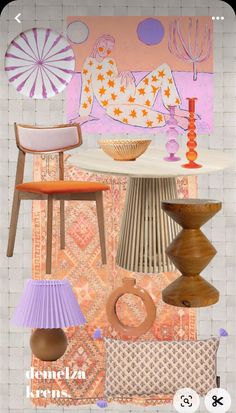 a collage of furniture and decor in pink, orange, purple, and white