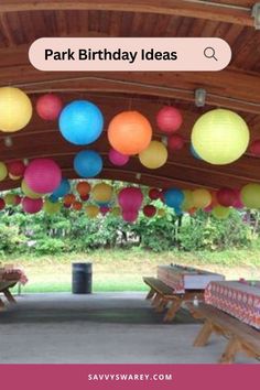 Park Pavilion decorated for party Outside Birthday Decorations Yards, Party At Park, Party In Park Ideas, Picnic Shelter Decoration, Party At Park Decorations, Playground Party Decorations, Playground Birthday Party Decorations, Park Birthday Decor, Birthday At The Park Ideas