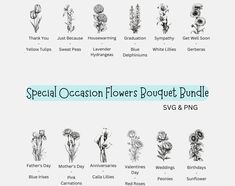 an image of different types of flowers in black and white with the words special occasions flowers bouquet bundle