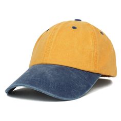 a yellow and blue baseball cap on a white background