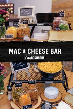 macaroni and cheese bar displayed on wooden shelves with chalkboard signs in the background