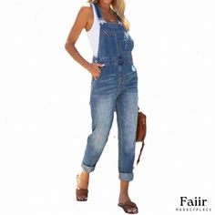 Trendy, Water-Friendly Two-Piece Ensemble Casual Overalls With Pockets For Beach, Trendy Cotton Overalls For The Beach, Trendy Cotton Beach Overalls, Casual Denim Jumpsuits And Rompers For Vacation, Fitted Beach Overalls For Spring, Casual Beach Overalls, Trendy Summer Overalls For The Beach, Trendy Summer Beach Overalls, High Waisted Pants