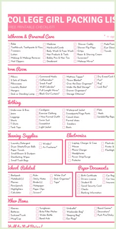 the college girl packing list is shown in pink