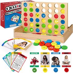 a wooden board game with four cards and matching pictures on the front, along with instructions to make it easier for children to play