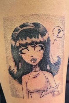 a girl with black hair has a thought bubble above her head