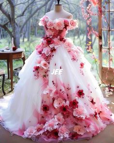 #fashioninspiration #gown #aigenerated #fashionable Pink Floral Ball Gown, Pink Floral Ball Gown Dress, Kawaii Ball Gown, Pink Ball Gown With Floral Applique, Grown Dress, Pink Fairy Kei Wedding Dress, Haldi Dress, Celebrity Style Dresses, Fashion Show Dresses