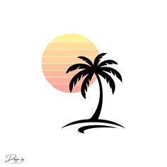 a palm tree on an island with the sun setting in the backgroung