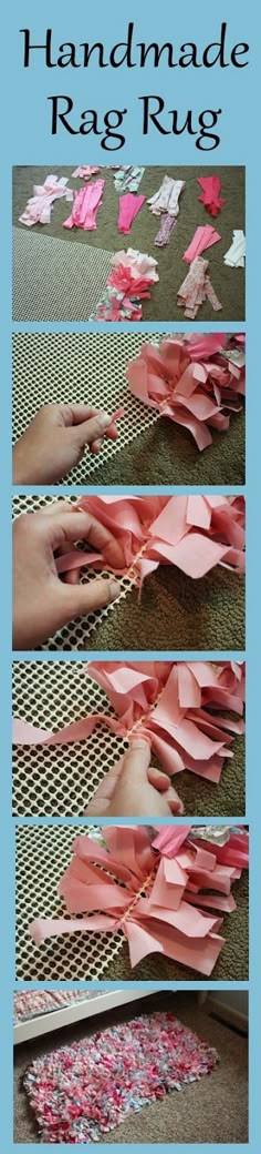 the instructions to make handmade rag rugs with pink paper flowers on blue background