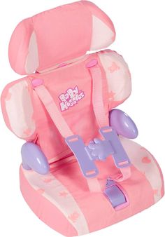 a pink and purple baby car seat on a white background