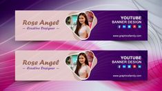 two purple banners with an image of a woman on one side and the words rose angel on the other