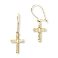 Crosses of 14K yellow gold are the focal point of these sentimental earrings for her. The dangle earrings are secured with euro-wire backs. 14k Gold Ear Wire Earrings For Anniversary, Yellow Gold 14k Gold-filled Earrings, Pierced Yellow Gold 14k Gold-filled Earrings, 14k Yellow Gold Jewelry With French Hook, 14k Yellow Gold Diamond Cut Earrings, 14k Gold Drop Earrings With Lever Back Ear Wires, Anniversary 14k Gold Filled Yellow Gold Earrings, 14k Gold Filled Yellow Gold Jewelry With French Hook, 14k Yellow Gold Filled French Hook Jewelry