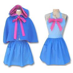 two dresses with pink bows on them and one blue dress with pink bow at the neck