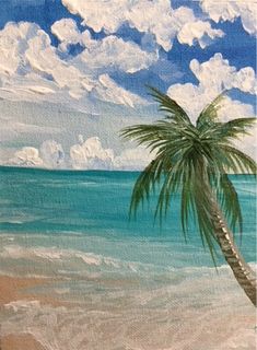 a painting of a palm tree on the beach