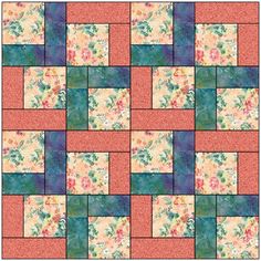 a square quilt with many different colors and patterns on the fabric, including pinks, blue