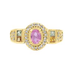 a yellow gold ring with an oval shaped pink sapphire surrounded by multi - colored diamonds