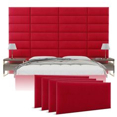 a bed with red upholstered headboard and four side tables next to it