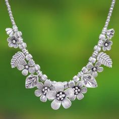 Sterling Silver Flower Motif Pendant Necklace from Thailand - Nature's Miracle | NOVICA Sterling Silver Flower Necklace, Silver Beaded Necklace, Silver Flower Necklace, Floral Bracelet, Silver Bead Necklace, Beaded Pendant Necklace, Flower Motif, Pretty Necklaces, Sterling Silver Flowers