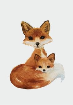 a painting of two foxes sitting next to each other on a white surface with blue eyes