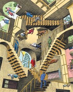 a drawing of people climbing stairs in a building