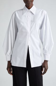 Button Placket, Poplin Button-up Shirt With Buttons, Oversized Button-up Top With Placket, Long Sleeve Poplin Shirt With Button Closure, Relaxed Fit Poplin Button-up Shirt, Oversized Button-up Top With Concealed Placket, Cotton Poplin Shirt, Button Shirt, Lantern Sleeves