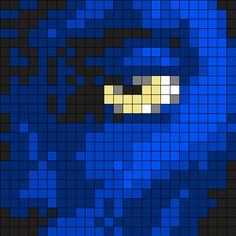 a pixellated image of a blue man's face with yellow eyes and mouth