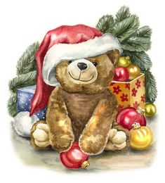 a brown teddy bear wearing a santa hat next to christmas ornaments and gifts on a white background