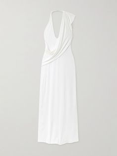 Magda Butrym's gown has a draped, gathered design that echoes Edith 'Little Edie' Bouvier's style in the cult documentary  Grey Gardens . Cut from slinky jersey, it has a twisted asymmetric halter neckline and skims the figure before pooling at the floor. Wear yours with tonal heels. White Pre-draped Draped Evening Dress, White Draped Evening Dress For Gala, Chic Draped Ruched Gown, White Draped Maxi Dress For Evening, White Pre-draped Evening Dress, Ruched Draped Maxi Dress For Wedding, Grey Gardens, Magda Butrym, The Cult