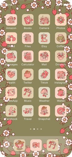 an iphone screen showing the icons for different types of things in pink, green and brown