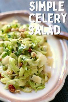 celery salad with text overlay on a white and tab platter. Celery Meal Ideas, What Can I Make With Celery, Raw Celery Recipes, Celery Salad Recipes Healthy, Cucumber Celery Salad, Vegetable Salad Recipes Healthy, Celery Recipes Salad, What To Do With Celery, Celery Salad Recipes