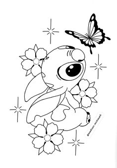 a drawing of a cartoon character with flowers and a butterfly in the air above it