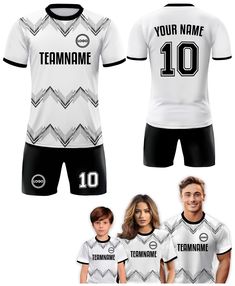 Our Custom soccer jersey are designed to be sleek and dynamic, perfect for showcases your style and energy for the match or casual day. Available in XS-5XL sizes for men, women, youth and toddler in many color options, these Personalized Soccer Jersey offer exceptional durability and resistance to wear and tear, making them an investment that will accompany you through any matches and seasons.  🎨If you have any REQUEST or OTHER DESIGN IDEA to re-custom the pattern or color, simply MESSAGE US an 10 Logo, Logo Number, Personalized Jersey, Name Logo, Jersey Shirt, Soccer Jersey, Team Names, White And Black, Soccer