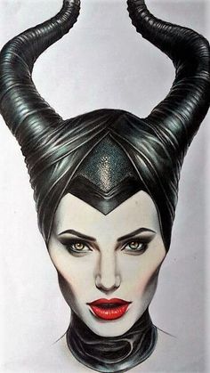 a drawing of a woman's head with horns on her head and red lips