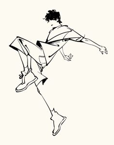 a black and white drawing of a person jumping in the air