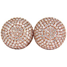 Bead set Button domed puff cluster earrings. Gorgeous brilliance. 5.50ct. Round, Full cut diamonds G-color, Vs-2 clarity. Bead set (pave) by hand. Overall: 3/4 inch diameter .31 inch depth comfortable and secure omega clip 11.1 grams. 14Kt Rose gold. $14,000 appraisal will accompany Vs Diamond, Bead Set, Pave Setting, Cluster Earrings, Clip Earrings, Diamond Cluster, Jewelry Earrings Studs, Or Rose, Clip On Earrings