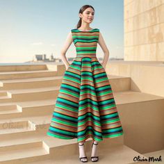 Olivia Mark - Elegant Vintage Sleeveless A-Line Dress with Contrasting Stripes and Cascading Hem Denim Bodycon Skirt, A Line Maxi Dress, Floral Bodycon, Bodycon Floral Dress, Printed Wide Leg Pants, Striped Maxi, Striped Maxi Dresses, Midi Dress Sleeveless, Sleeveless Maxi Dress