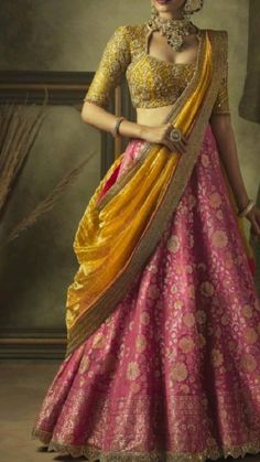 Lehenga Saree Design, Half Saree Lehenga, Indian Outfits Lehenga, Yellow Lehenga, Lehenga Designs Simple, Indian Bride Outfits, Traditional Indian Dress, Half Saree Designs