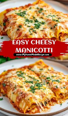 an easy cheesy manicotti casserole on a plate with parsley