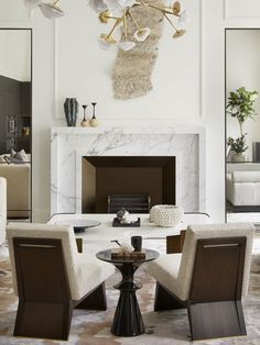 a living room filled with furniture and a fire place in front of a white fireplace