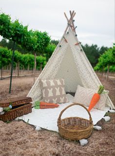 a teepee tent with carrots and other items on the ground next to it