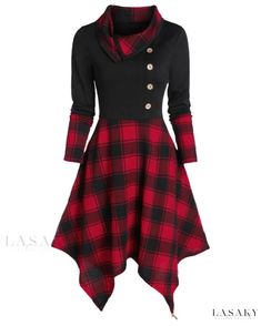 Lasaky - Sophisticated Single-Breasted Long-Sleeved Dress with Overlapping Collar and Chic Large Plaid Patchwork Gothic Bedding, Plaid Dress Vintage, Punk Dress, Handkerchief Dress, Panel Dress, Plaid Fashion, Basic Outfits, Plaid Dress, Hem Dress