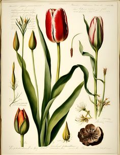 an antique botanical print of tulips and other flowers